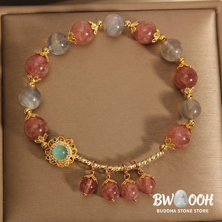 Buddha Stones Strawberry Quartz Moonstone Healing Tassel Charm Bracelet - BWOOOH - Strawberry Quartz&amp;Moonstone(Wrist