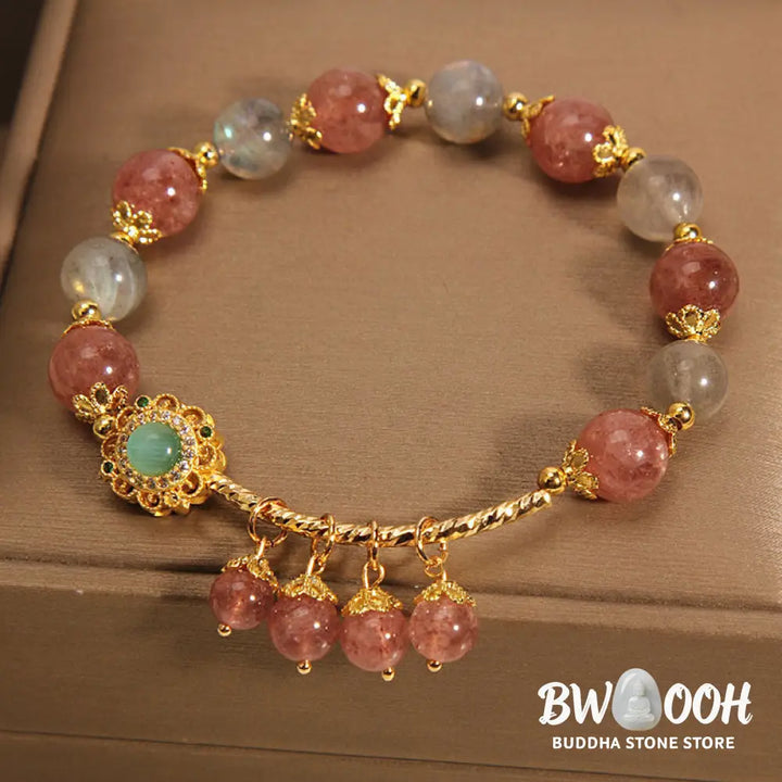 Buddha Stones Strawberry Quartz Moonstone Healing Tassel Charm Bracelet - BWOOOH - Strawberry Quartz&amp;Moonstone(Wrist