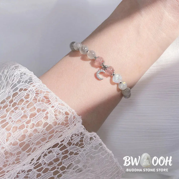Buddha Stones Strawberry Quartz Moonstone Luck Moon Charm Bracelet - BWOOOH - Strawberry Quartz&amp;Moonstone - Bracelet