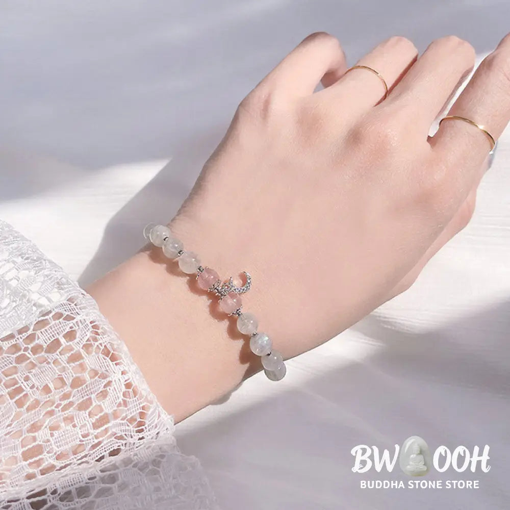Buddha Stones Strawberry Quartz Moonstone Luck Moon Charm Bracelet - BWOOOH - Strawberry Quartz&amp;Moonstone - Bracelet