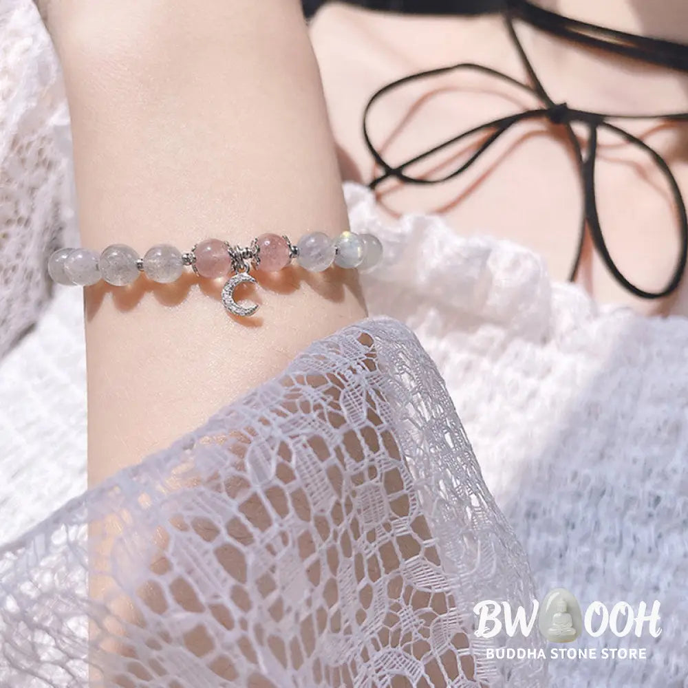 Buddha Stones Strawberry Quartz Moonstone Luck Moon Charm Bracelet - BWOOOH - Strawberry Quartz&amp;Moonstone - Bracelet