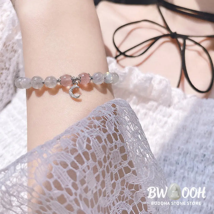 Buddha Stones Strawberry Quartz Moonstone Luck Moon Charm Bracelet - BWOOOH - Strawberry Quartz&amp;Moonstone - Bracelet