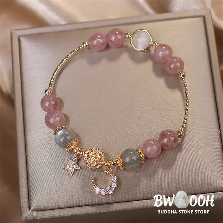 Buddha Stones Strawberry Quartz Moonstone Moon Star Love Bracelet - BWOOOH - Strawberry Quartz&amp;Moonstone(Wrist