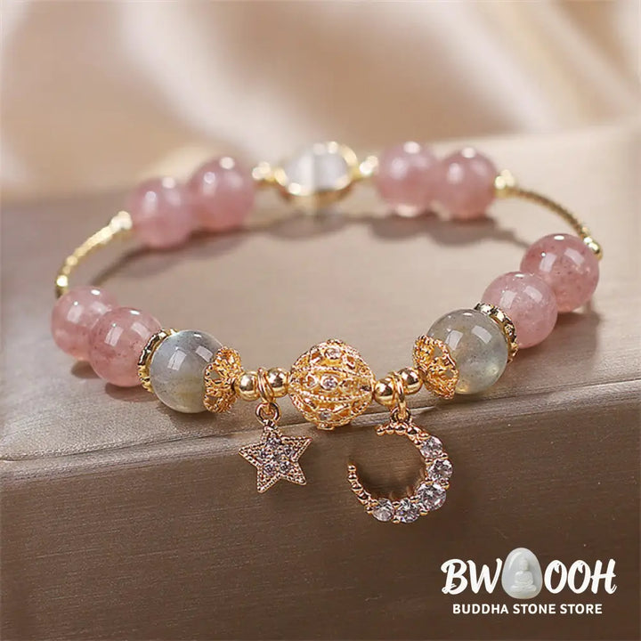 Buddha Stones Strawberry Quartz Moonstone Moon Star Love Bracelet - BWOOOH - Strawberry Quartz&amp;Moonstone(Wrist