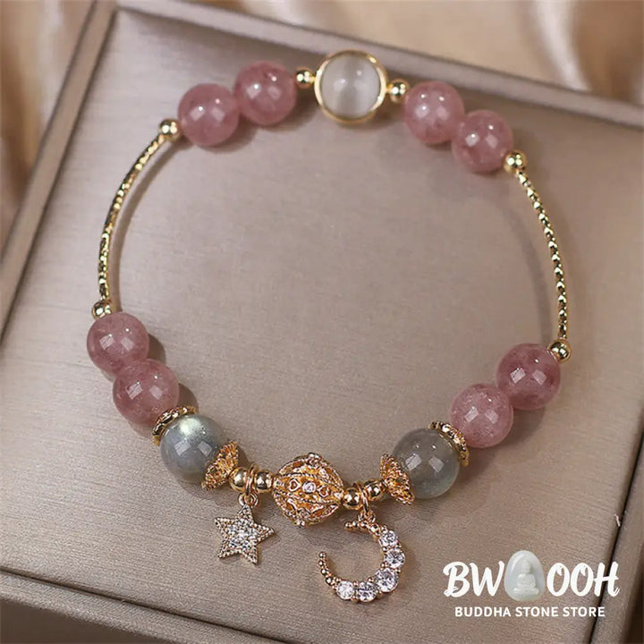 Buddha Stones Strawberry Quartz Moonstone Moon Star Love Bracelet - BWOOOH - Strawberry Quartz&amp;Moonstone(Wrist