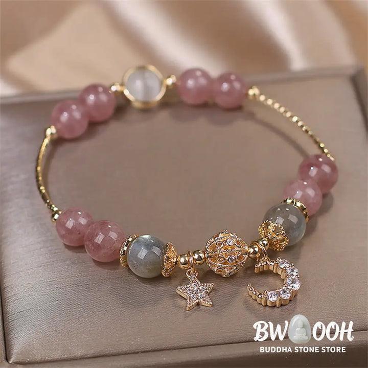Buddha Stones Strawberry Quartz Moonstone Moon Star Love Bracelet - BWOOOH - Strawberry Quartz&amp;Moonstone(Wrist
