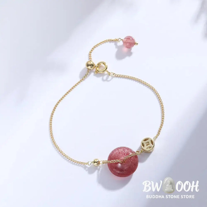 BWOOOH Strawberry Quartz Peace Buckle Coin Love Bracelet | natural stone spiritual bracelet for healing and mindful living