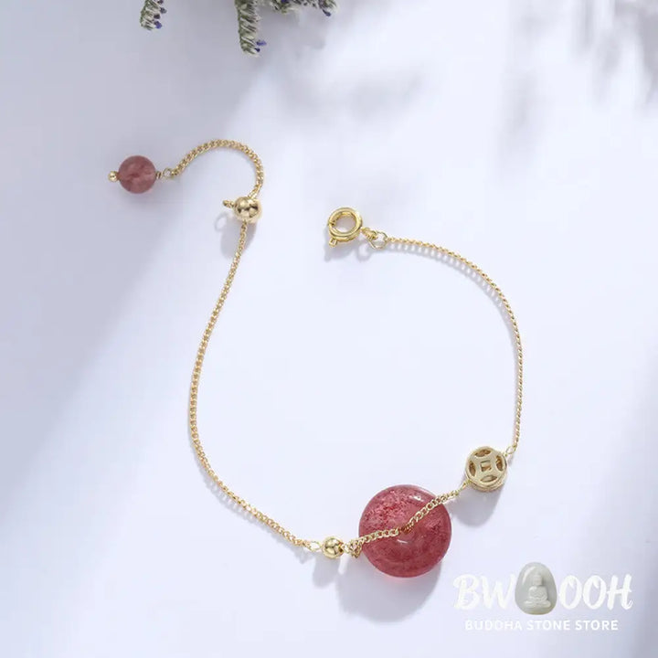 BWOOOH Strawberry Quartz Peace Buckle Coin Love Bracelet | natural stone spiritual bracelet for healing and mindful living