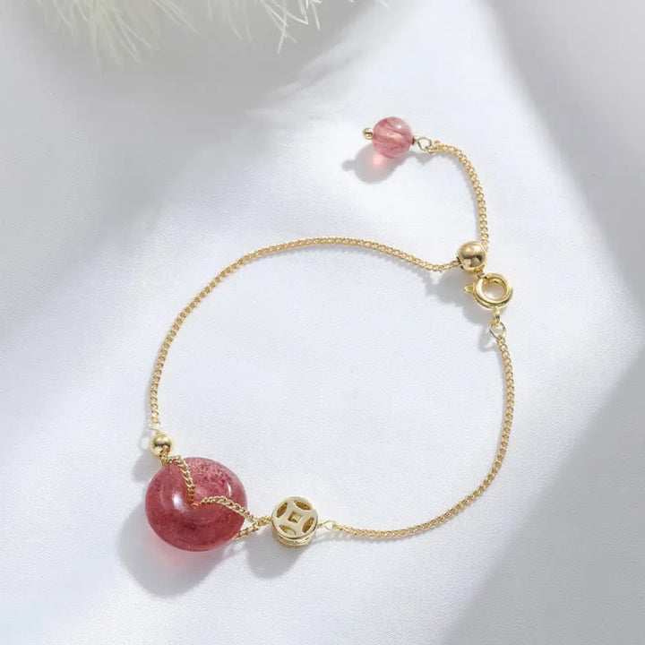 BWOOOH Strawberry Quartz Peace Buckle Coin Love Bracelet | natural stone spiritual bracelet for healing and mindful living