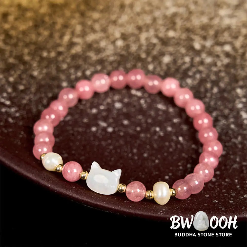 Buddha Stones Strawberry Quartz Pearl Cat Rabbit Healing Bracelet - BWOOOH - Bracelet