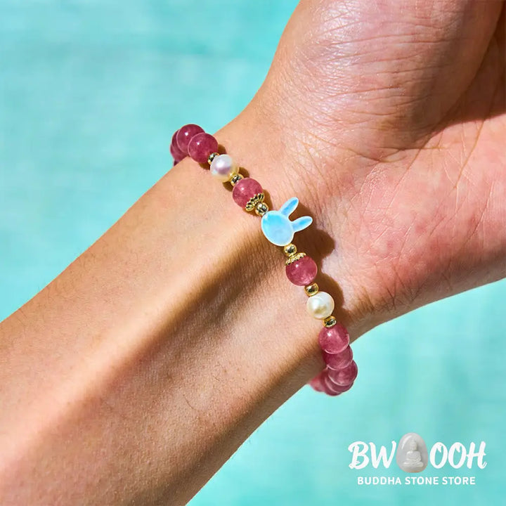 Buddha Stones Strawberry Quartz Pearl Cat Rabbit Healing Bracelet - BWOOOH - Bracelet