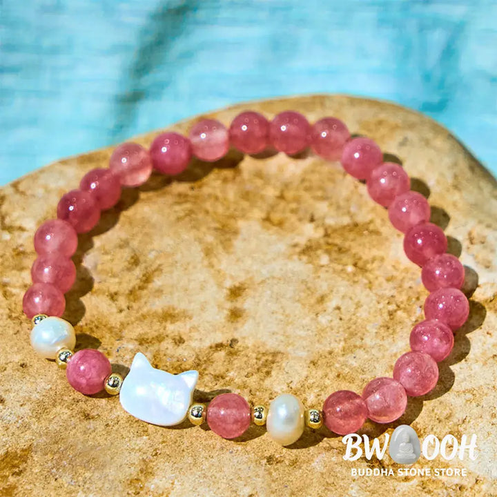 Buddha Stones Strawberry Quartz Pearl Cat Rabbit Healing Bracelet - BWOOOH - Bracelet