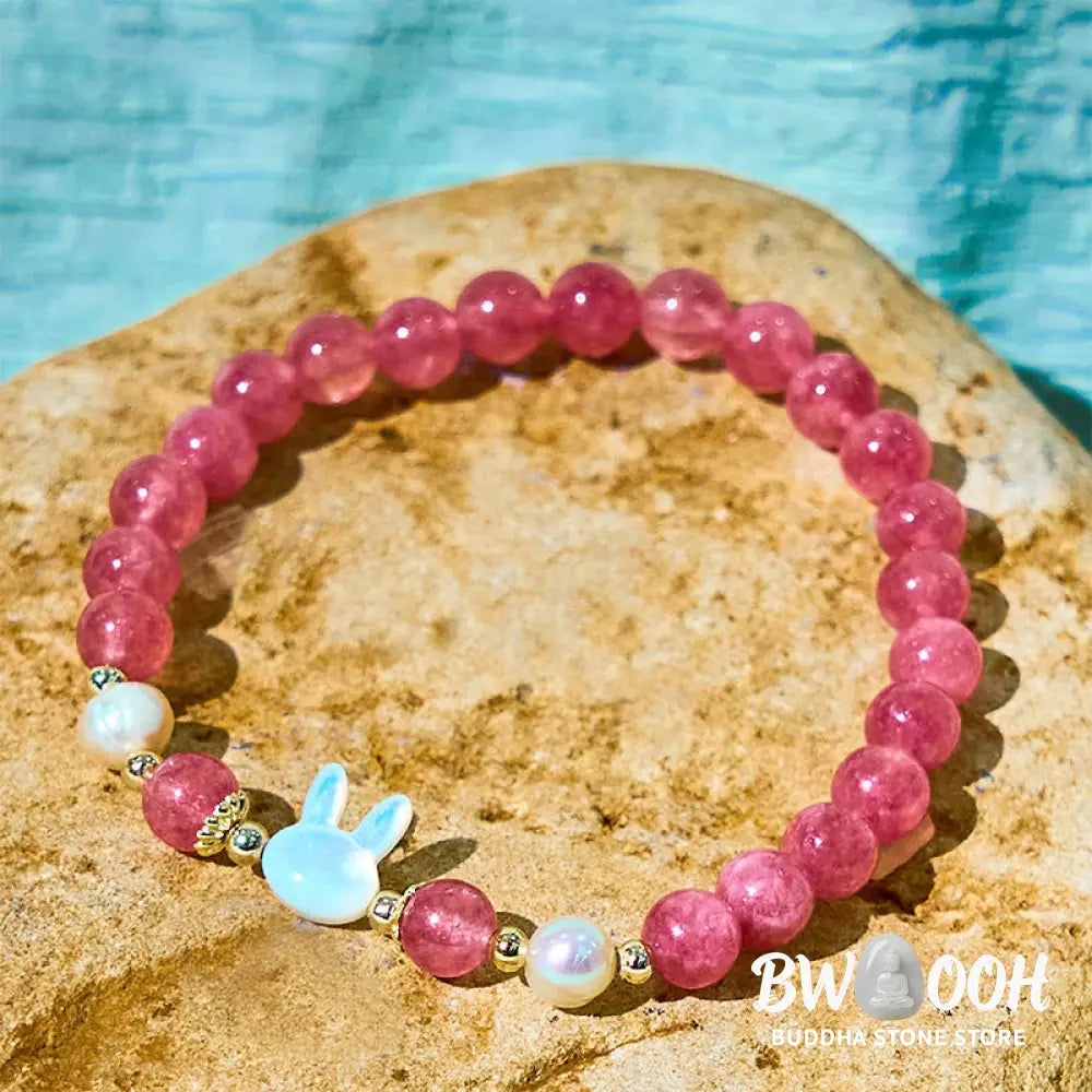 Buddha Stones Strawberry Quartz Pearl Cat Rabbit Healing Bracelet - BWOOOH - Bracelet