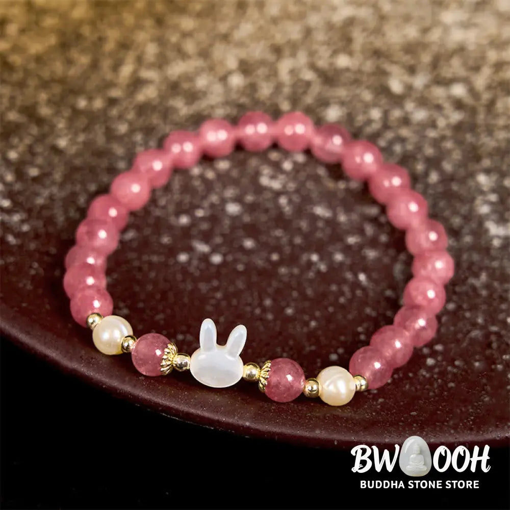 Buddha Stones Strawberry Quartz Pearl Cat Rabbit Healing Bracelet - BWOOOH - Bracelet
