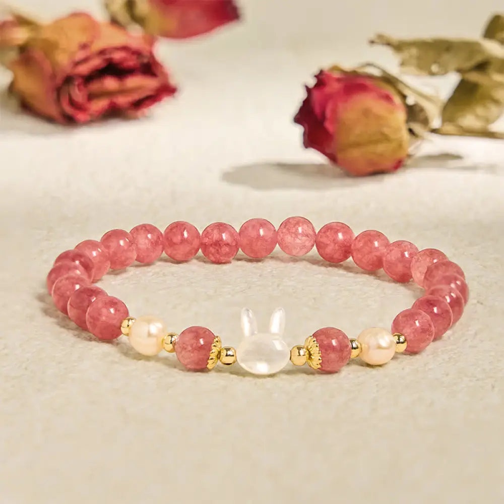 BWOOOH Strawberry Quartz Pearl Cat Rabbit Healing Bracelet — Strawberry Quartz crystal healing bracelet for spiritual heal...