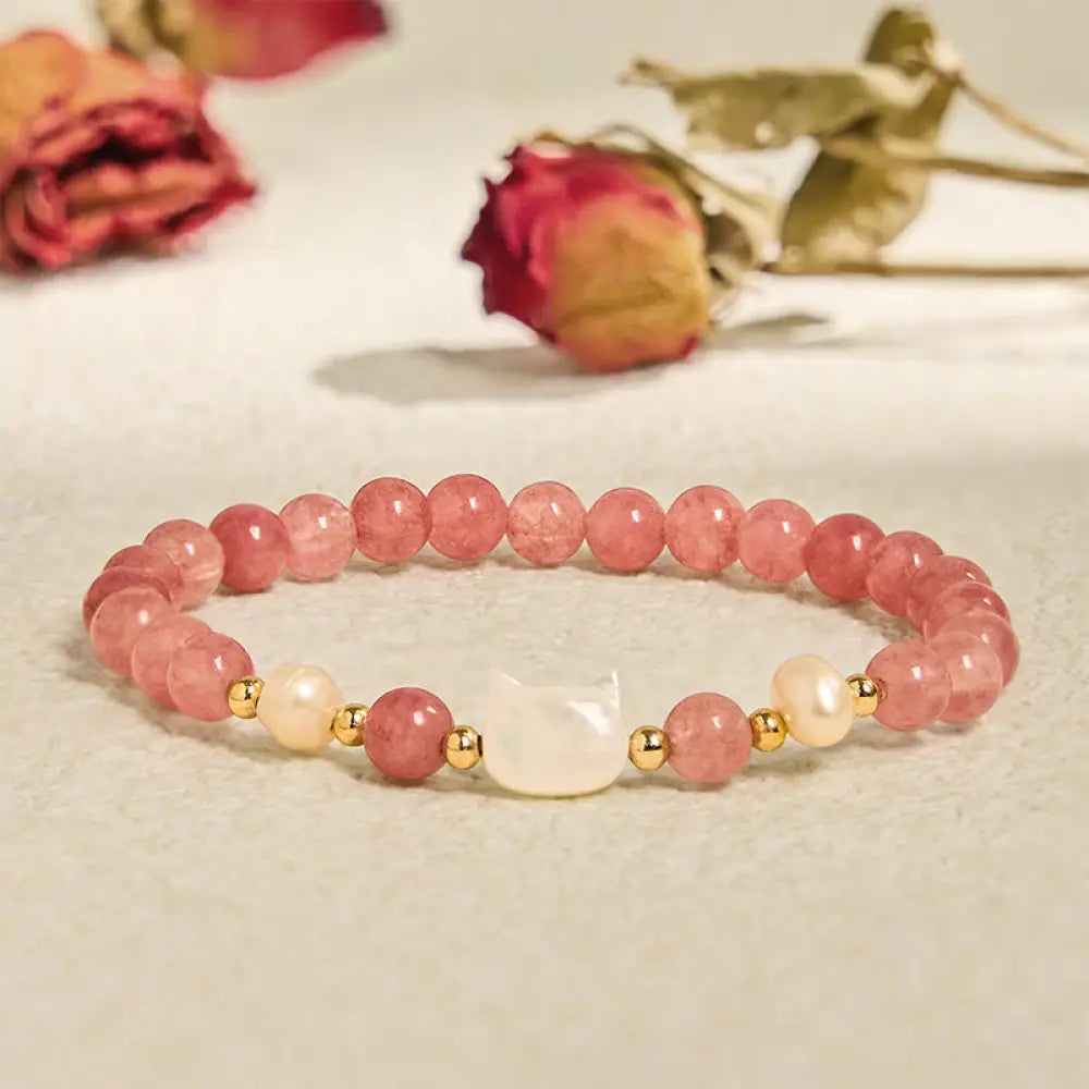 Buddha Stones Strawberry Quartz Pearl Cat Rabbit Healing Bracelet - BWOOOH - Strawberry Quartz Cat(Wrist Circumference