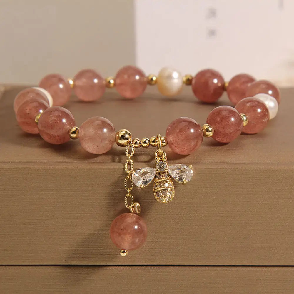 BWOOOH Strawberry Quartz Pearl Cute Zircon Honeybee Positive Charm Bracelet | spiritual healing bracelet