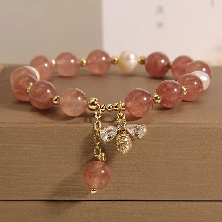 BWOOOH Strawberry Quartz Pearl Cute Zircon Honeybee Positive Charm Bracelet | spiritual healing bracelet