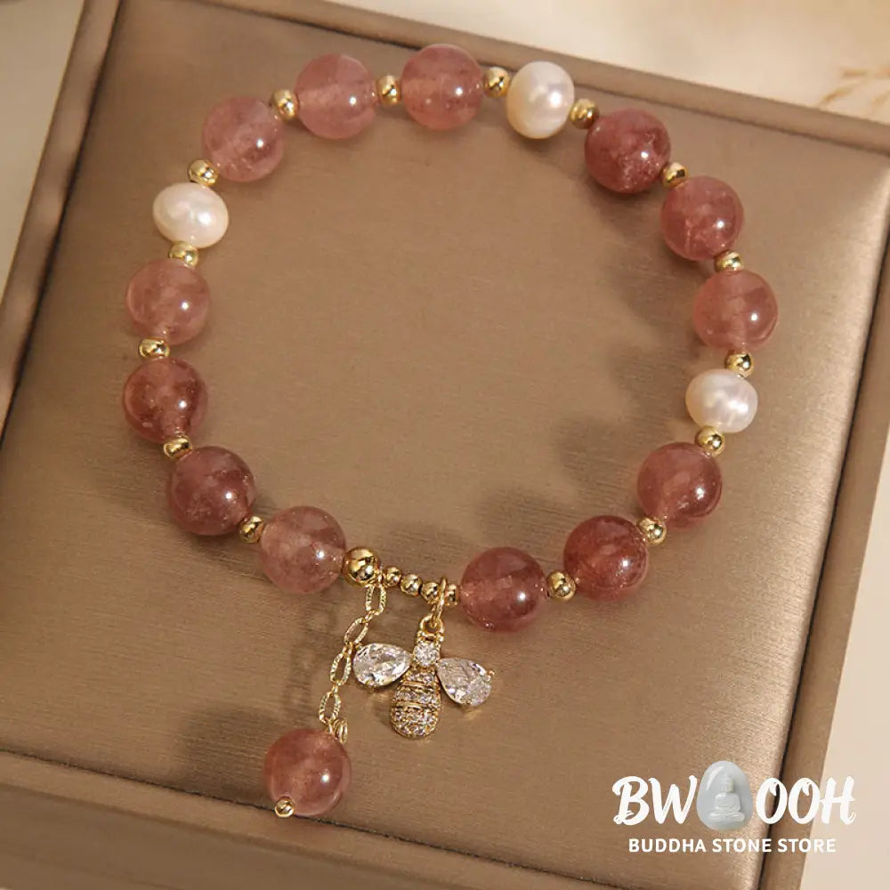 BWOOOH Strawberry Quartz Pearl Cute Zircon Honeybee Positive Charm Bracelet | spiritual healing bracelet