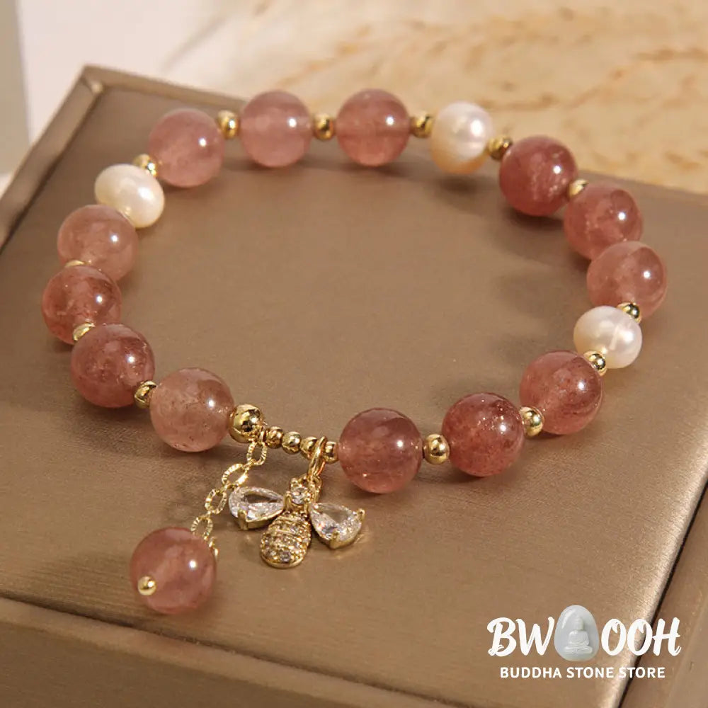 BWOOOH Strawberry Quartz Pearl Cute Zircon Honeybee Positive Charm Bracelet | spiritual healing bracelet