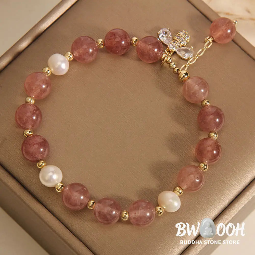BWOOOH Strawberry Quartz Pearl Cute Zircon Honeybee Positive Charm Bracelet | spiritual healing bracelet