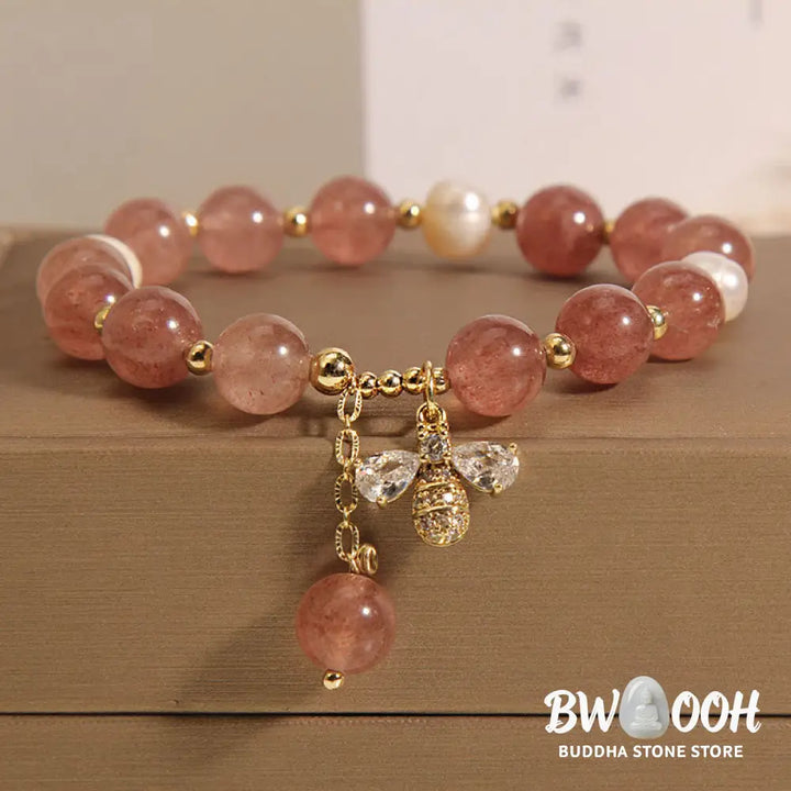 BWOOOH Strawberry Quartz Pearl Cute Zircon Honeybee Positive Charm Bracelet | spiritual healing bracelet