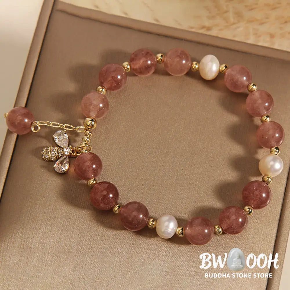 BWOOOH Strawberry Quartz Pearl Cute Zircon Honeybee Positive Charm Bracelet | spiritual healing bracelet