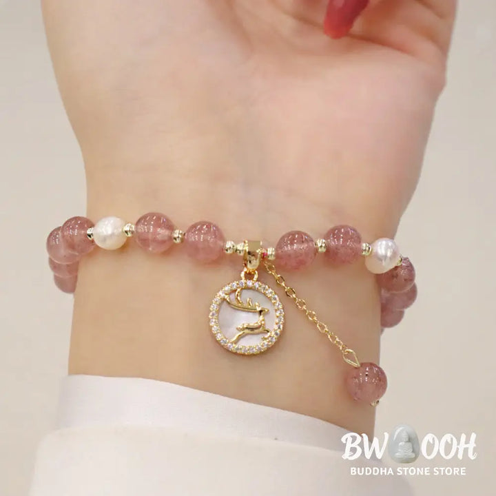 Buddha Stones Strawberry Quartz Pearl Elk Smiley Face Fishtail Fu Character Charm Healing Bracelet - BWOOOH - Bracelet