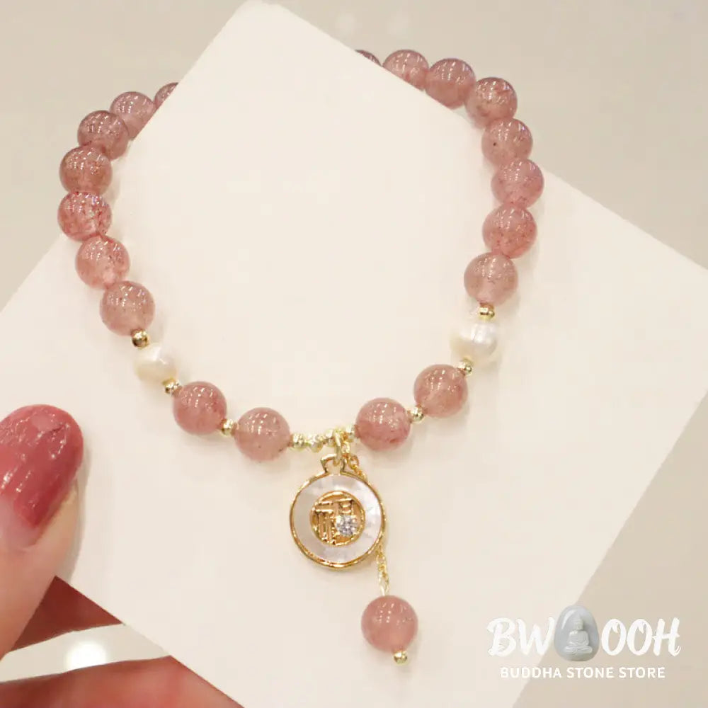 Buddha Stones Strawberry Quartz Pearl Elk Smiley Face Fishtail Fu Character Charm Healing Bracelet - BWOOOH - Bracelet