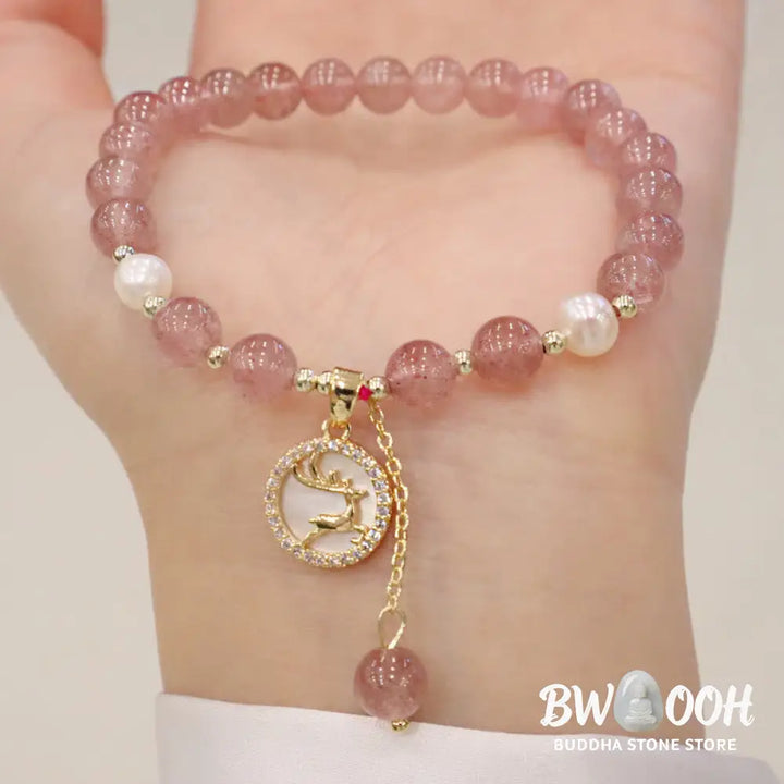 Buddha Stones Strawberry Quartz Pearl Elk Smiley Face Fishtail Fu Character Charm Healing Bracelet - BWOOOH - Bracelet