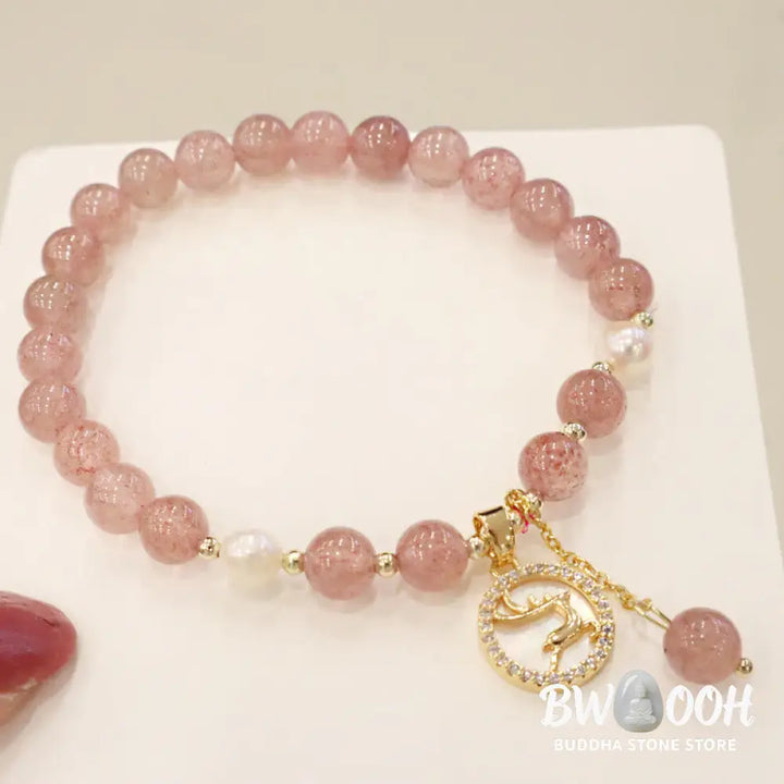 Buddha Stones Strawberry Quartz Pearl Elk Smiley Face Fishtail Fu Character Charm Healing Bracelet - BWOOOH - Bracelet