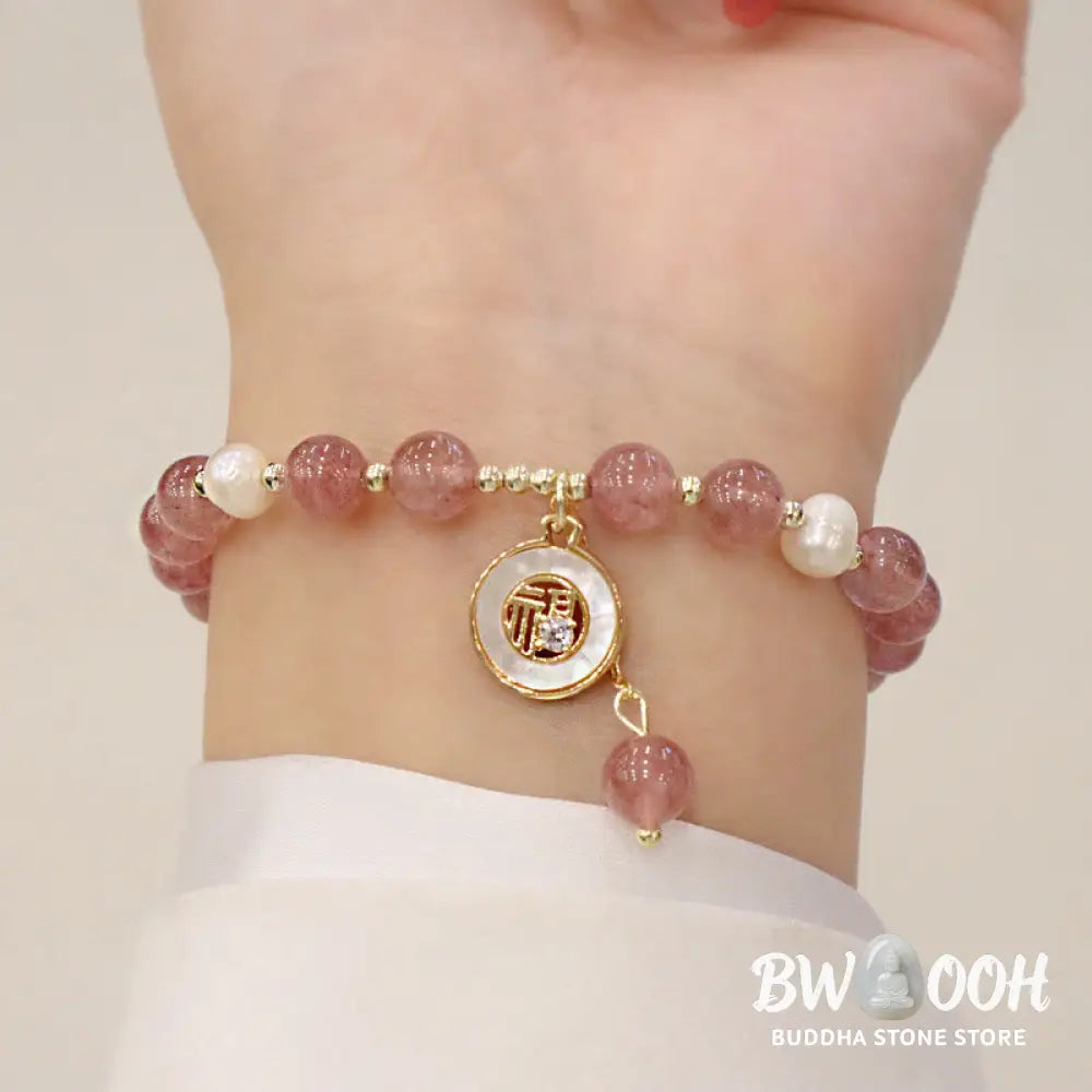 Buddha Stones Strawberry Quartz Pearl Elk Smiley Face Fishtail Fu Character Charm Healing Bracelet - BWOOOH - Bracelet