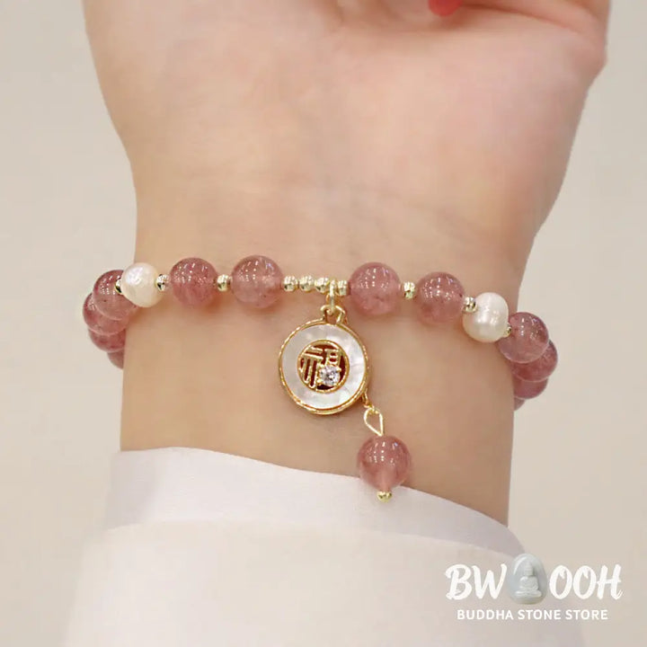 Buddha Stones Strawberry Quartz Pearl Elk Smiley Face Fishtail Fu Character Charm Healing Bracelet - BWOOOH - Bracelet