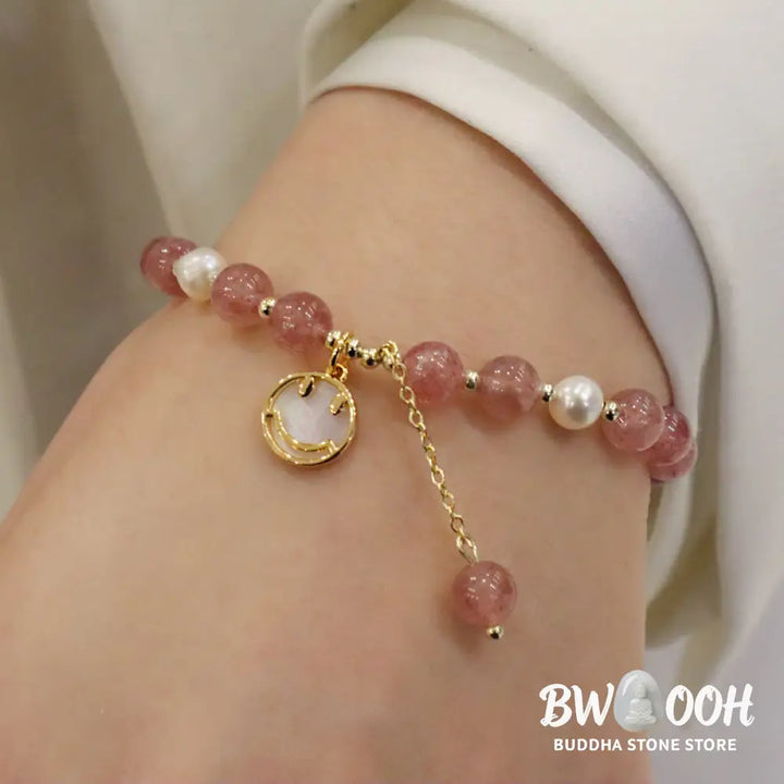 Buddha Stones Strawberry Quartz Pearl Elk Smiley Face Fishtail Fu Character Charm Healing Bracelet - BWOOOH - Bracelet