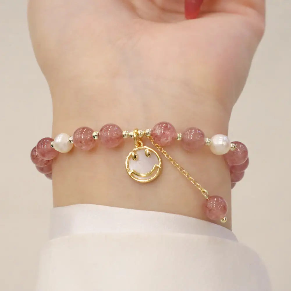Buddha Stones Strawberry Quartz Pearl Elk Smiley Face Fishtail Fu Character Charm Healing Bracelet - BWOOOH