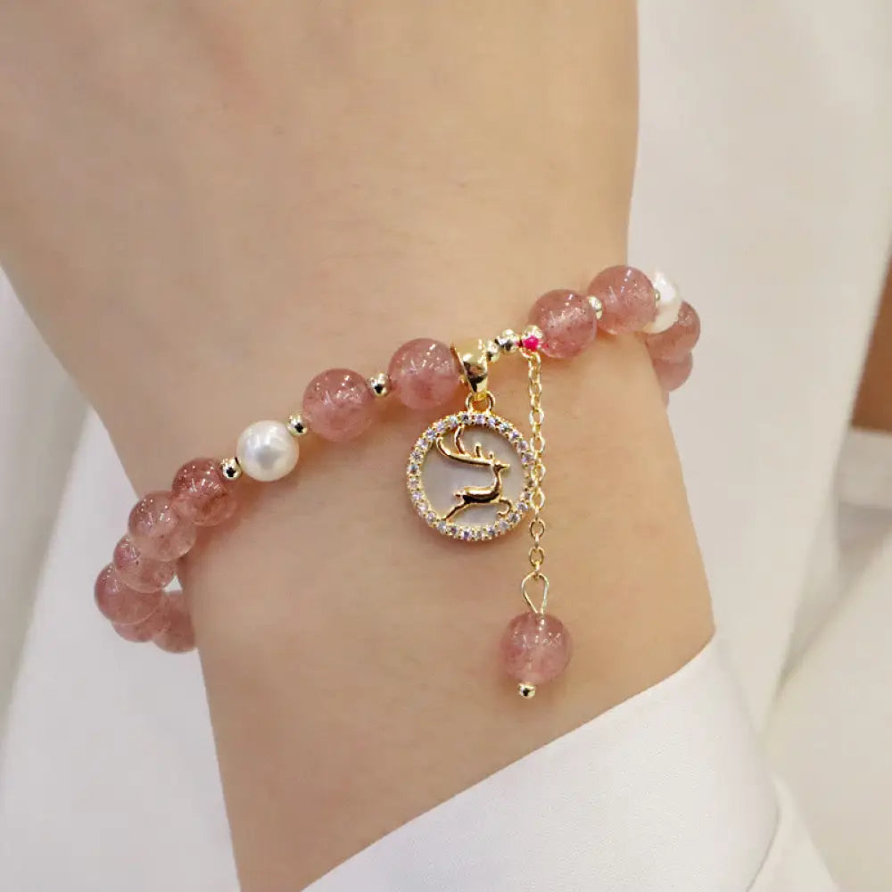 BWOOOH Strawberry Quartz Pearl Elk Smiley Face Fishtail Fu Character Charm Healing Bracelet - BWOOOH
