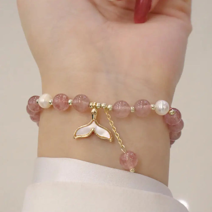 Buddha Stones Strawberry Quartz Pearl Elk Smiley Face Fishtail Fu Character Charm Healing Bracelet - BWOOOH