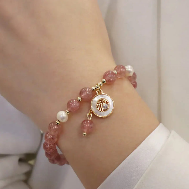 Buddha Stones Strawberry Quartz Pearl Elk Smiley Face Fishtail Fu Character Charm Healing Bracelet - BWOOOH