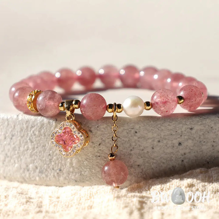Buddha Stones Strawberry Quartz Pearl Four Leaf Clover Charm Healing Bracelet - BWOOOH - Strawberry