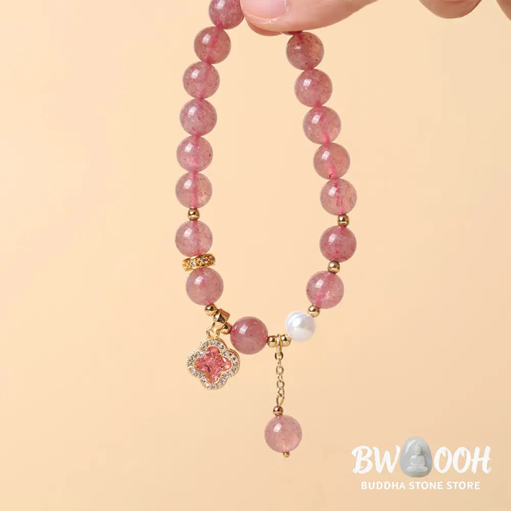 Buddha Stones Strawberry Quartz Pearl Four Leaf Clover Charm Healing Bracelet - BWOOOH - Strawberry