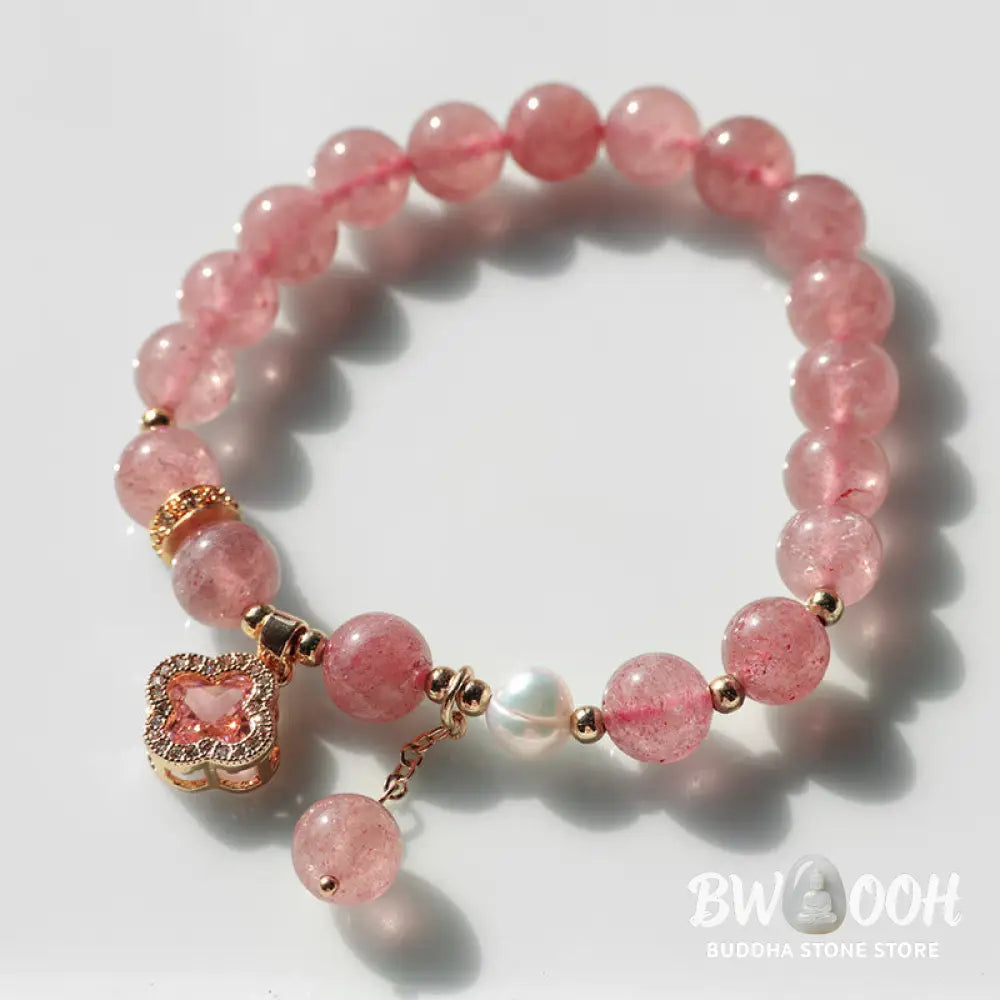 Buddha Stones Strawberry Quartz Pearl Four Leaf Clover Charm Healing Bracelet - BWOOOH - Strawberry