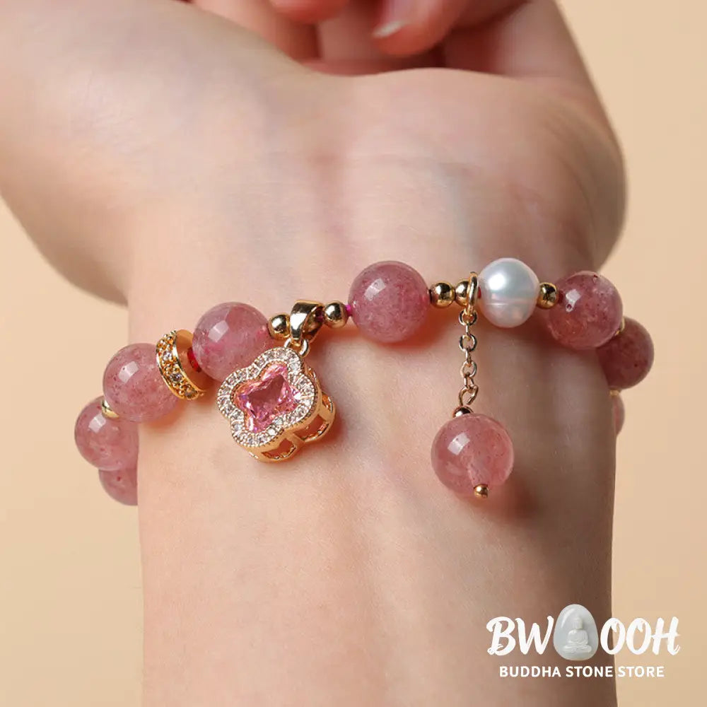 Buddha Stones Strawberry Quartz Pearl Four Leaf Clover Charm Healing Bracelet - BWOOOH - Strawberry