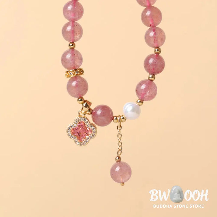 Buddha Stones Strawberry Quartz Pearl Four Leaf Clover Charm Healing Bracelet - BWOOOH - Strawberry