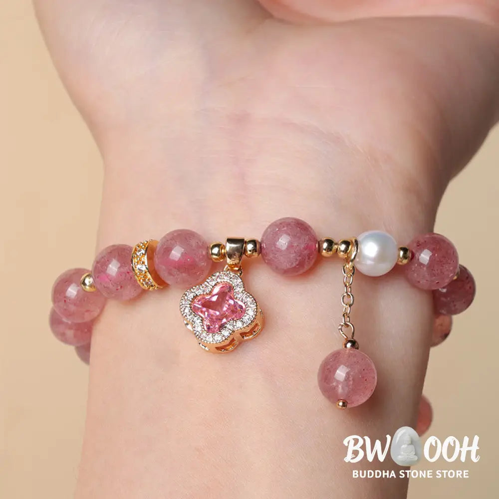 Buddha Stones Strawberry Quartz Pearl Four Leaf Clover Charm Healing Bracelet - BWOOOH - Strawberry