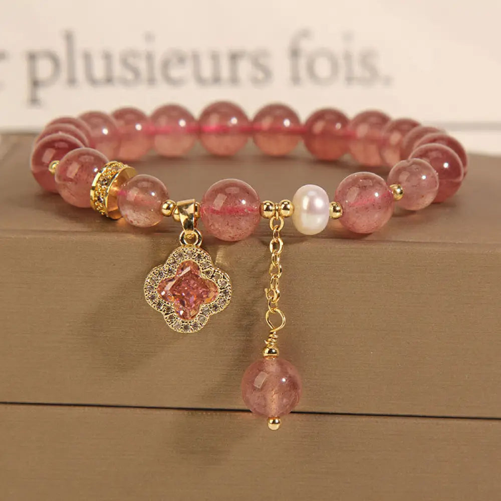 Buddha Stones Strawberry Quartz Pearl Four Leaf Clover Charm Healing Bracelet - Strawberry Quartz(Love♥Healing)