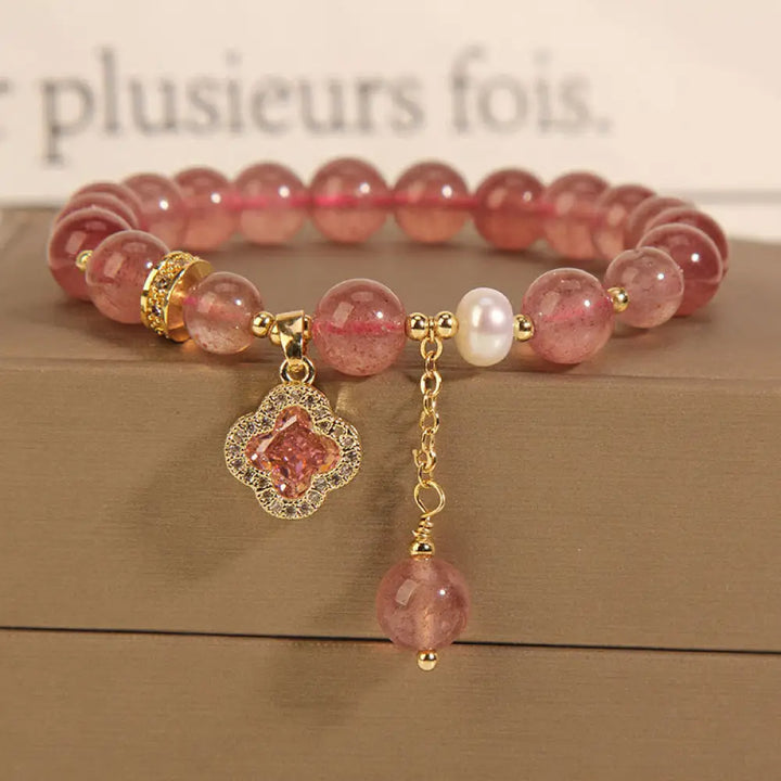 Buddha Stones Strawberry Quartz Pearl Four Leaf Clover Charm Healing Bracelet - Strawberry Quartz(Love♥Healing)