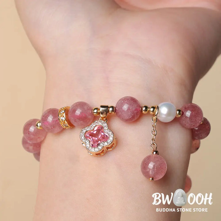 Buddha Stones Strawberry Quartz Pearl Four Leaf Clover Charm Healing Bracelet - Strawberry Quartz(Love♥Healing)