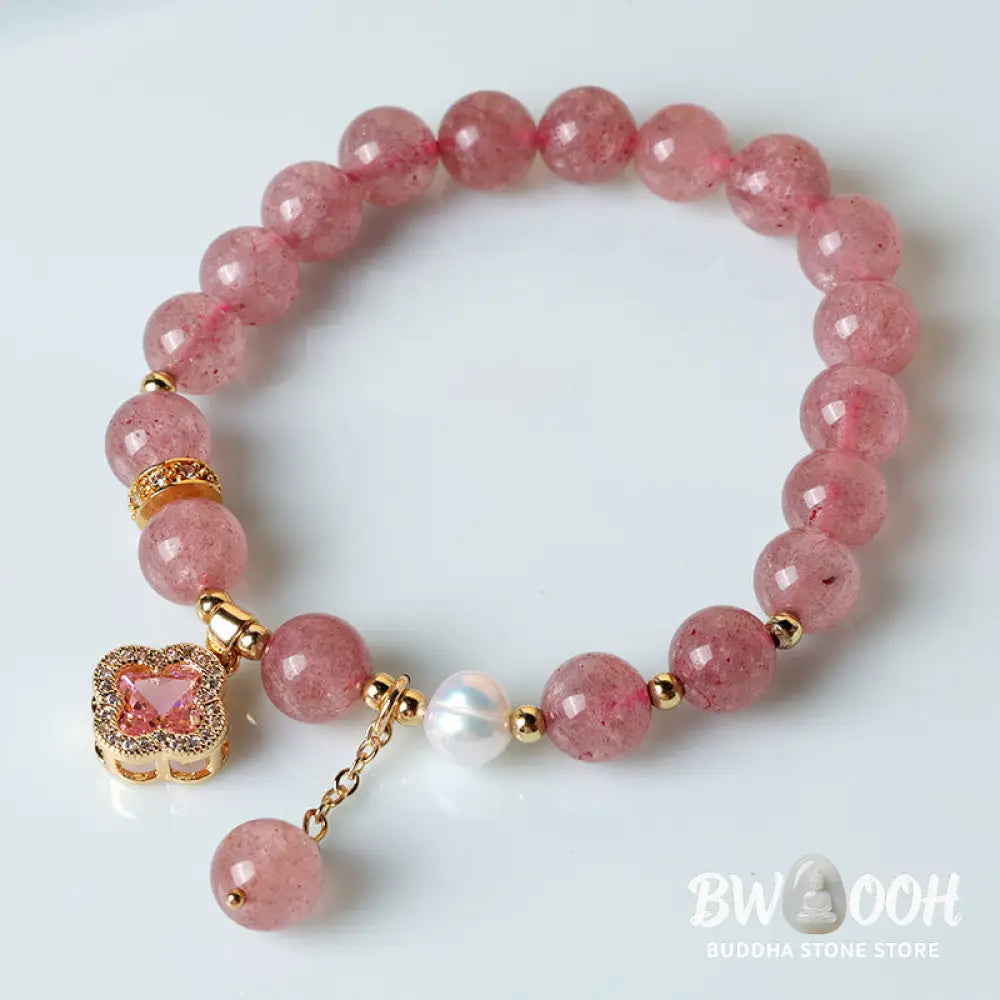 Buddha Stones Strawberry Quartz Pearl Four Leaf Clover Charm Healing Bracelet - Strawberry Quartz(Love♥Healing)