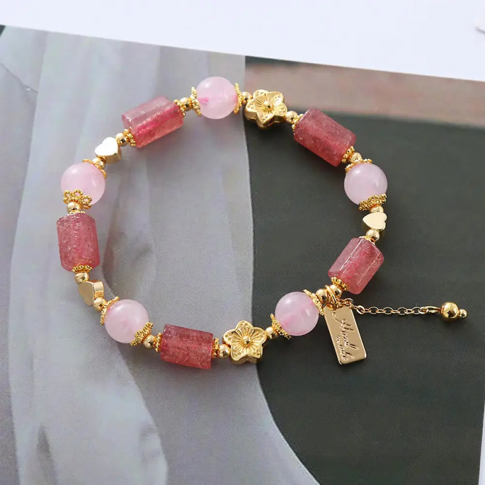 BWOOOH Strawberry Quartz Pink Crystal Love Heart Flower Positive Bracelet - BWOOOH - Strawberry Quartz&Pink