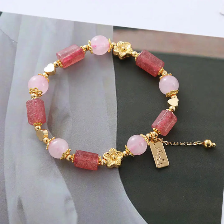BWOOOH Strawberry Quartz Pink Crystal Love Heart Flower Positive Bracelet - BWOOOH - Strawberry Quartz&amp;Pink